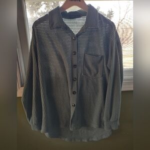 Green Button-Up Waffle Knit Drop Shoulder Blouse/Cardigan